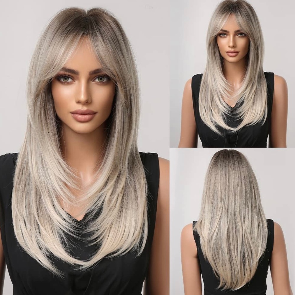 - Human hair blend light gray ombré wig.